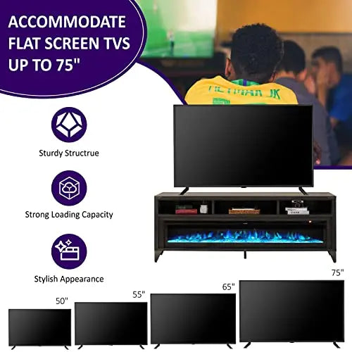 65" Fireplace TV Stand with 60" Glass Electric Fireplace — Industrial Farmhouse Media Center
