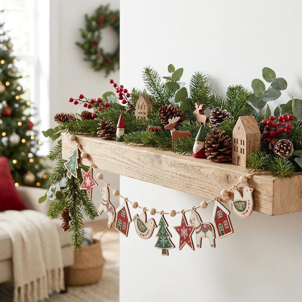 Scandinavian Christmas Wooden Garland with Wood Beads & Hemp Rope