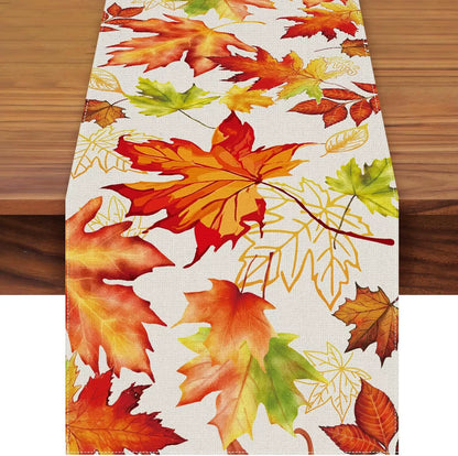Fall Table Runner Printed Thanksgiving Maple Leaf Linen Runners, Seasonal Autumn Holiday Table Decor for Kitchen, Dining, Party