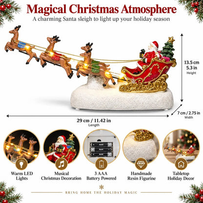 Christmas Village Santa Sleigh & Reindeer Figurine – Lighted Musical Tabletop Décor