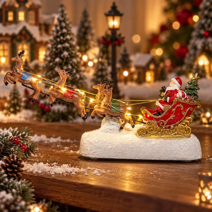 Christmas Village Santa Sleigh & Reindeer Figurine – Lighted Musical Tabletop Décor