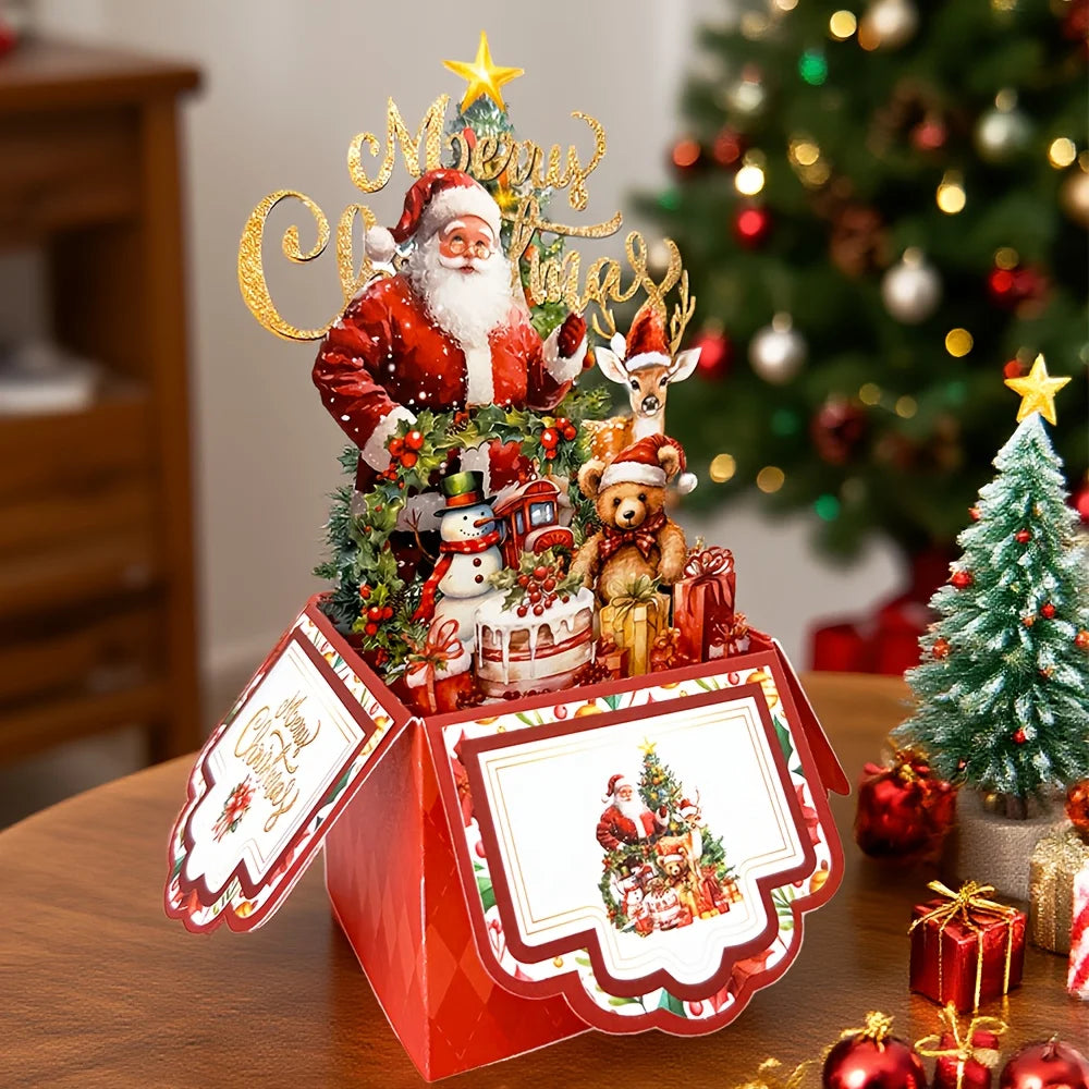 3D Pop-Up Christmas Greeting Card — Santa & Reindeer with Envelope