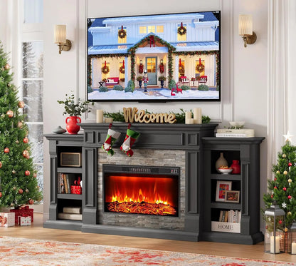 80" Electric Fireplace TV Stand with Mantel — Stacked Stone Surround