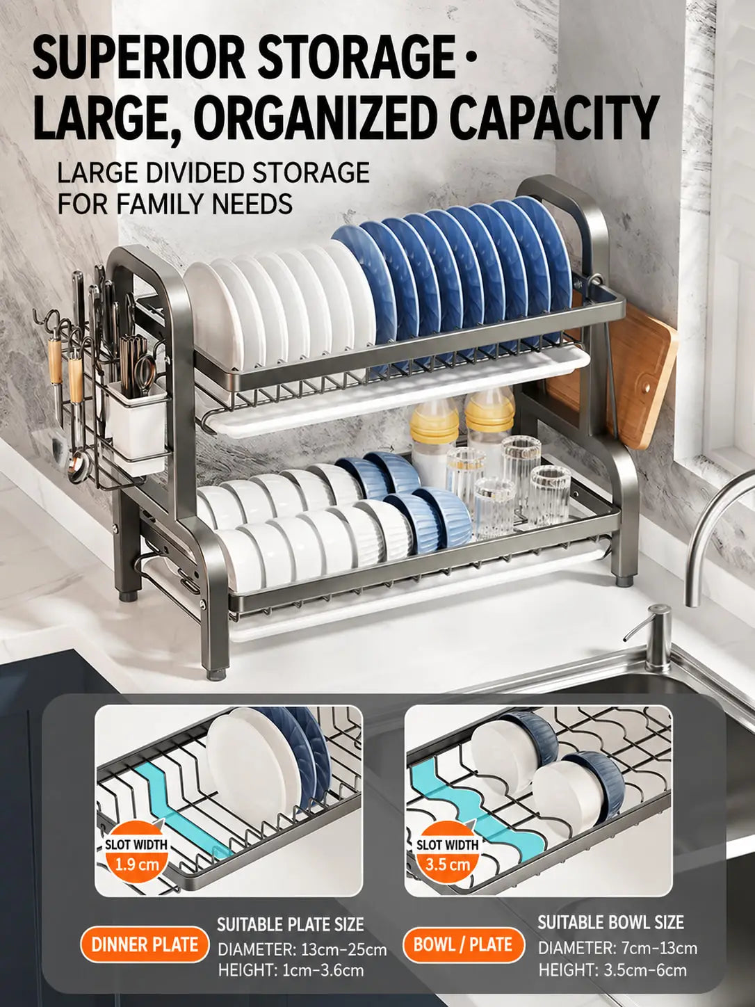 Dish Drying Rack 2 Tier, Dish Rack for Kitchen with Drip Trays, Plate Rack, Knife Holder, Cutlery Basket, Cutting Board Holder