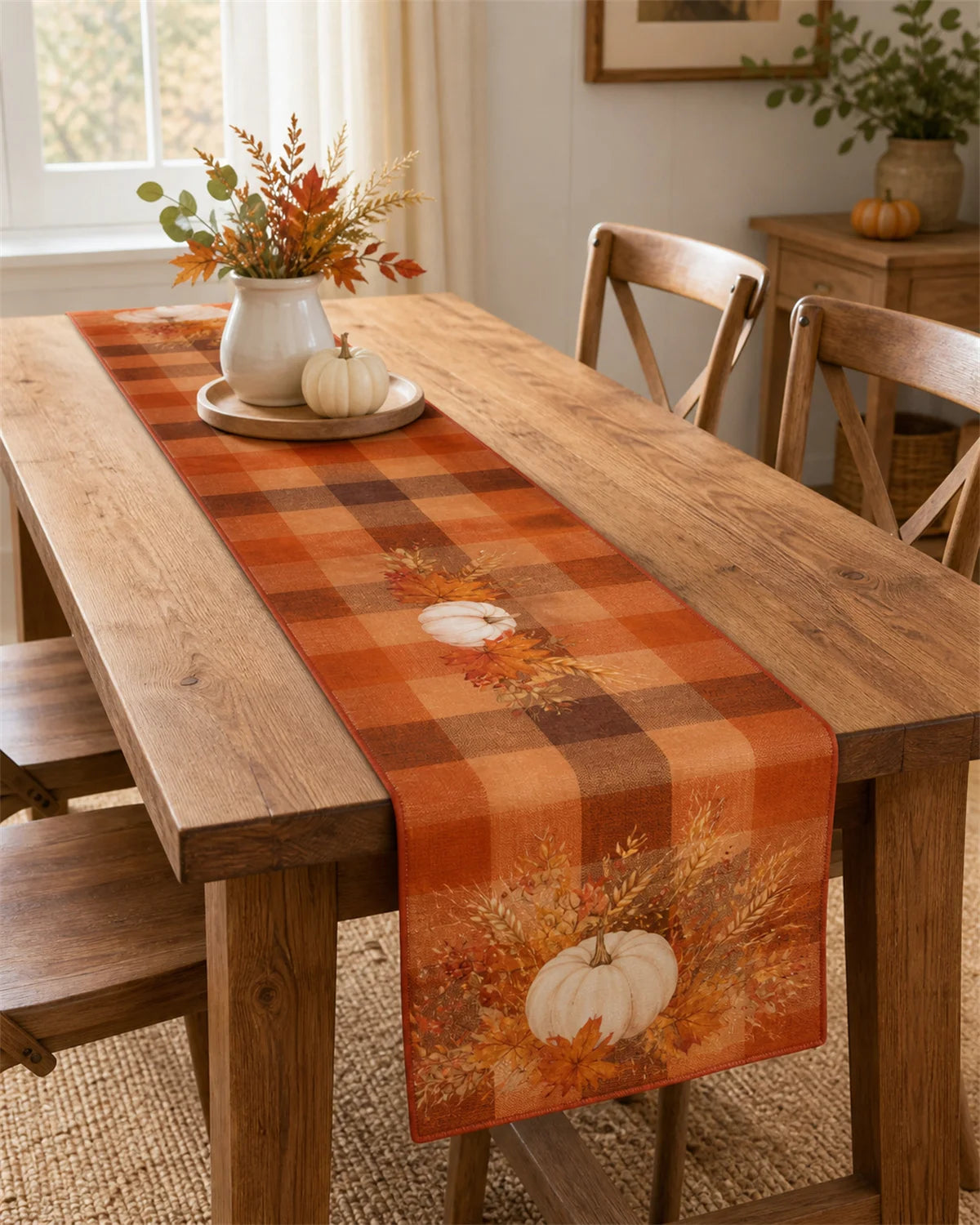 Fall Pumpkin Plaid Table Runner Autumn Harvest Maple Leaf Print Dining Table Decor Farmhouse Thanksgiving Home Decoration