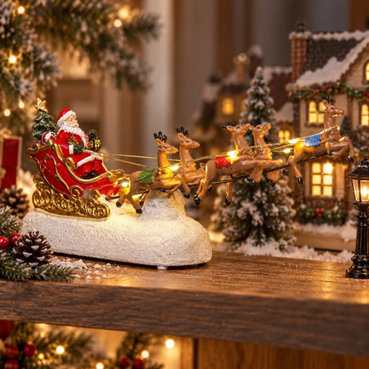Christmas Village Santa Sleigh & Reindeer Figurine – Lighted Musical Tabletop Décor