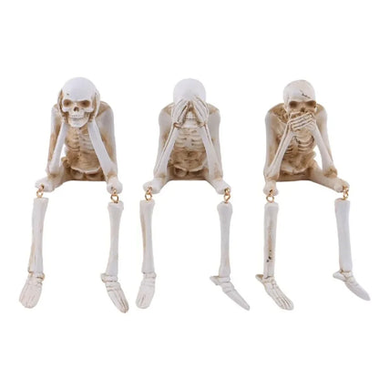 See No Evil Skeleton Figurine Set — Resin Skull Bookshelf & Halloween Decor