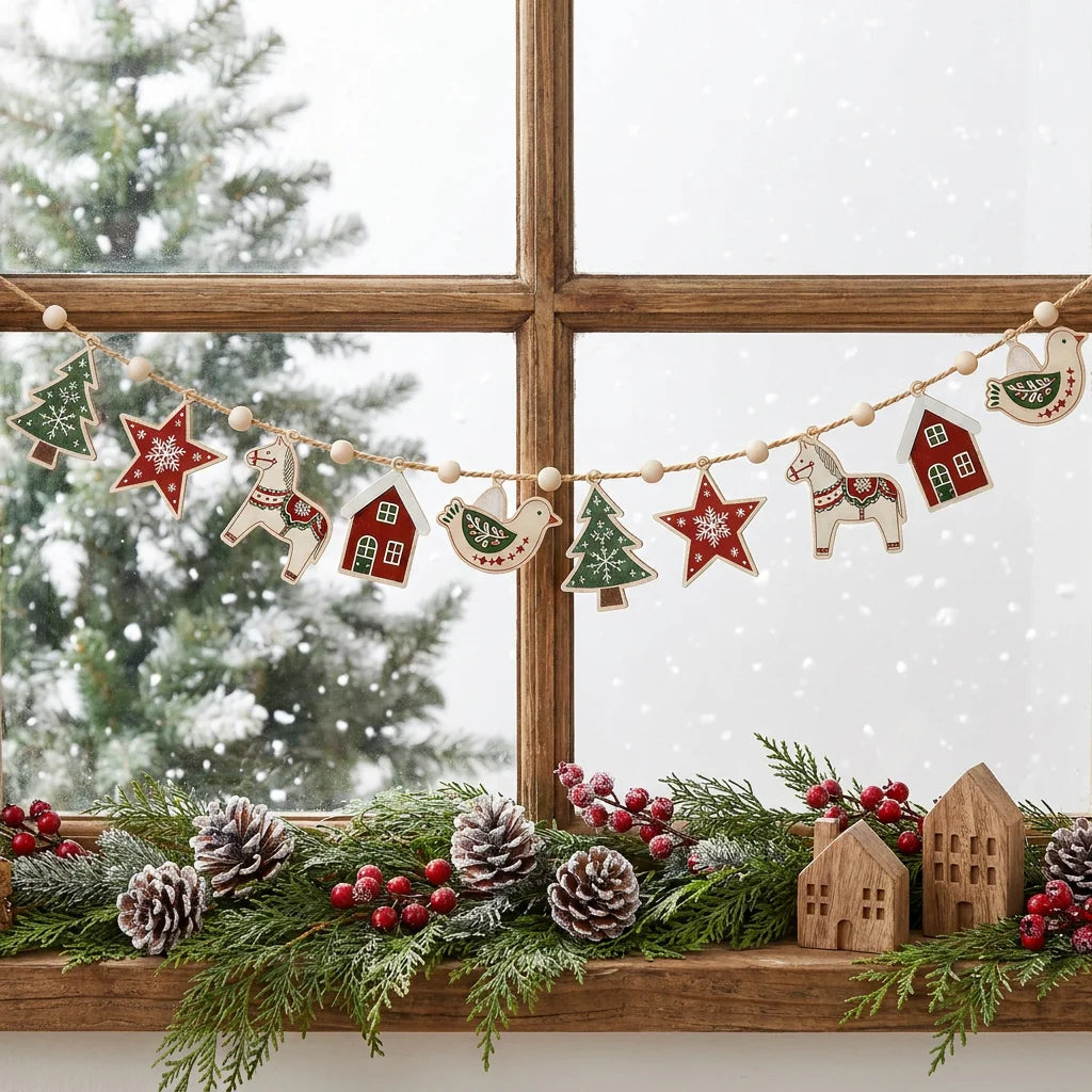 Scandinavian Christmas Wooden Garland with Wood Beads & Hemp Rope