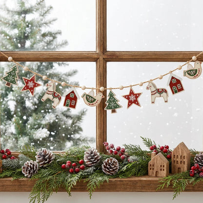 Scandinavian Christmas Wooden Garland with Wood Beads & Hemp Rope