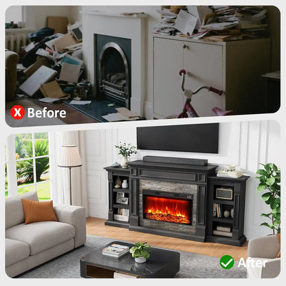 80" Electric Fireplace TV Stand with Mantel — Stacked Stone Surround