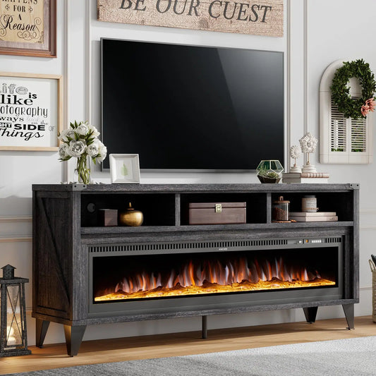 65" Fireplace TV Stand with 60" Glass Electric Fireplace — Industrial Farmhouse Media Center