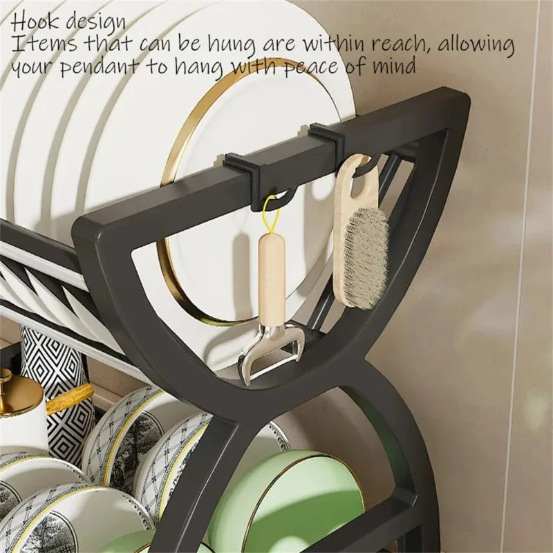 2 Tier Dish Drying Rack Kitchen Organizer Bowl Plate Storage Drainer Shelf with Utensil Holder Drip Tray Countertop Space Saver