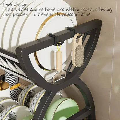 2 Tier Dish Drying Rack Kitchen Organizer Bowl Plate Storage Drainer Shelf with Utensil Holder Drip Tray Countertop Space Saver
