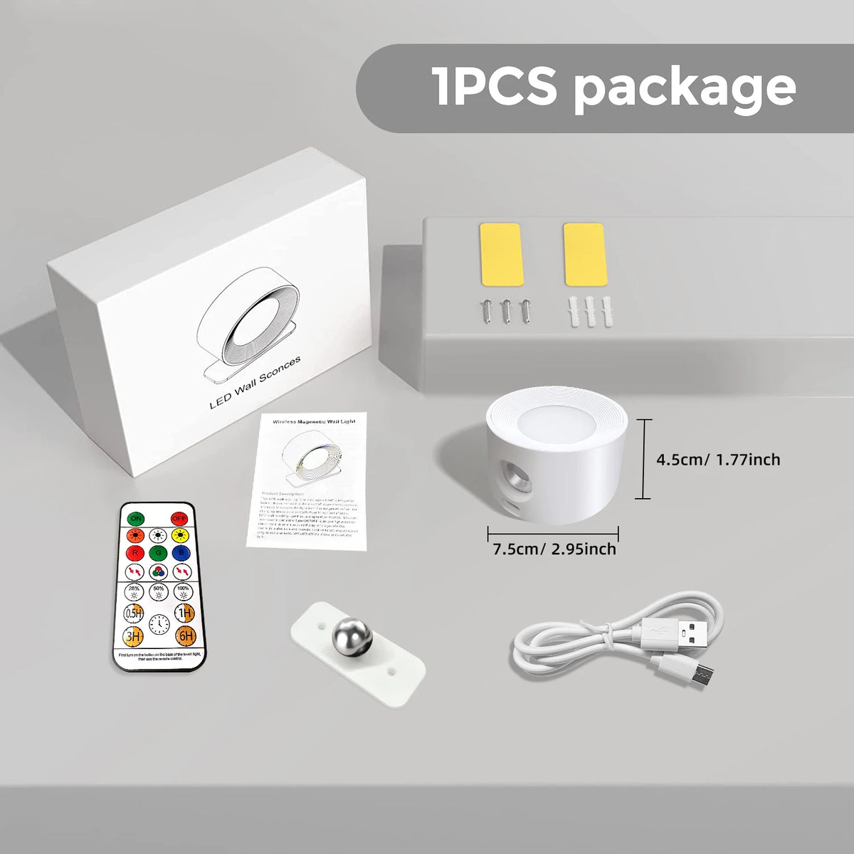 RGB LED Wall Sconce — Battery USB Rechargeable, Touch Control, 360° Rotation, 3-Level Brightness
