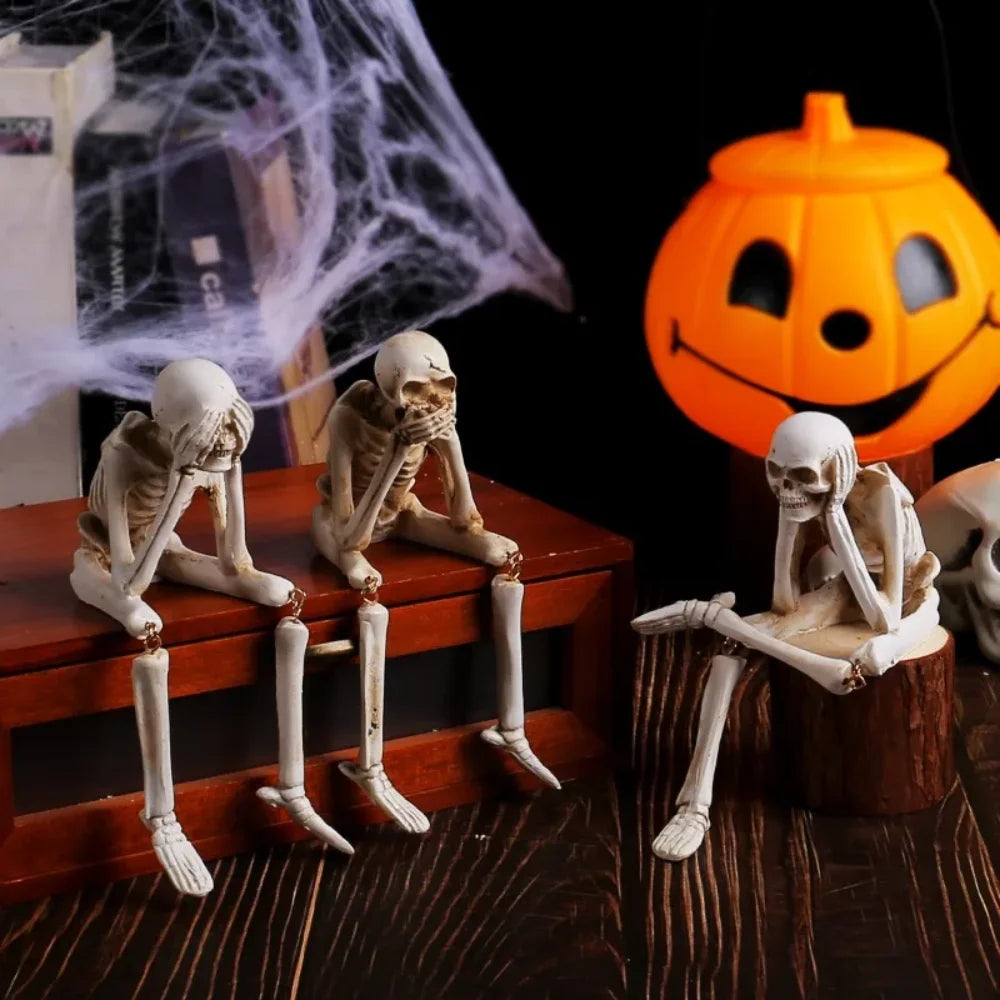 See No Evil Skeleton Figurine Set — Resin Skull Bookshelf & Halloween Decor