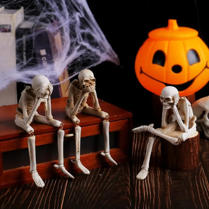 See No Evil Skeleton Figurine Set — Resin Skull Bookshelf & Halloween Decor