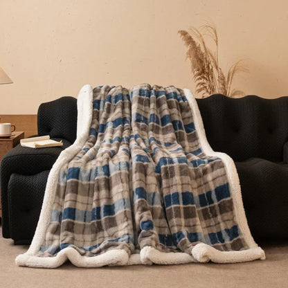 Thickened Double Layer Plaid Plush Blanket Faux Cashmere Autumn Winter Warm Bed Blanket Soft Cozy Sherpa Fleece Throw for Sofa