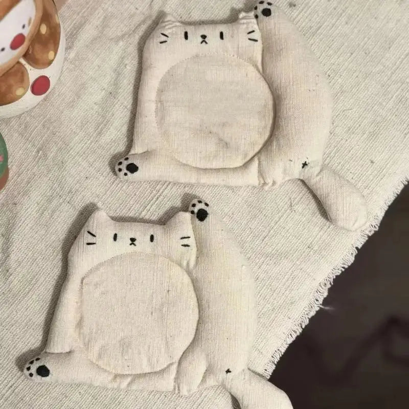 Cute Cat-Shaped Fabric Coasters — Soft Padded Linen Cup Mats for Home & Desk