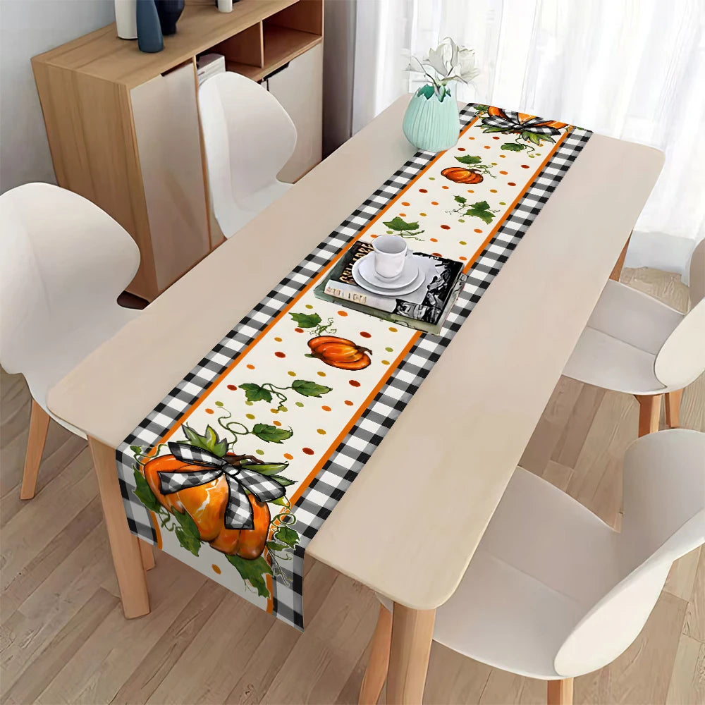 Fall Pumpkin Table Runner Black White Buffalo Plaid Edge, Autumn Harvest Bow Pumpkin Print Tablecloth, Thanksgiving Dining Table