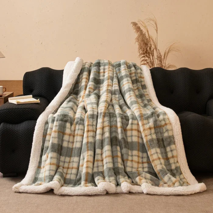 Thickened Double Layer Plaid Plush Blanket Faux Cashmere Autumn Winter Warm Bed Blanket Soft Cozy Sherpa Fleece Throw for Sofa