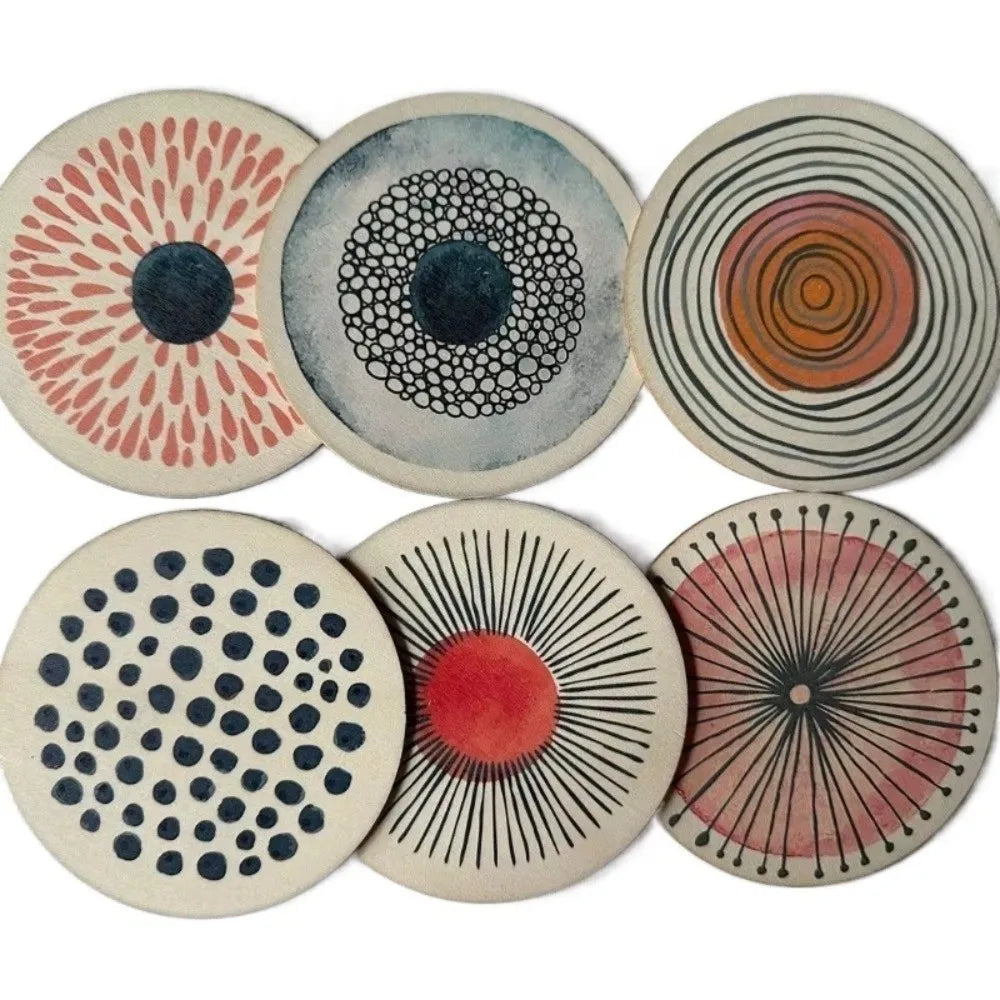 Wooden Circular Patterned Coasters — Set of 6 Eco-Friendly Heat-Resistant Cup Mats
