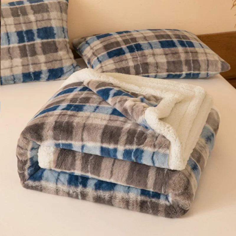 Thickened Double Layer Plaid Plush Blanket Faux Cashmere Autumn Winter Warm Bed Blanket Soft Cozy Sherpa Fleece Throw for Sofa