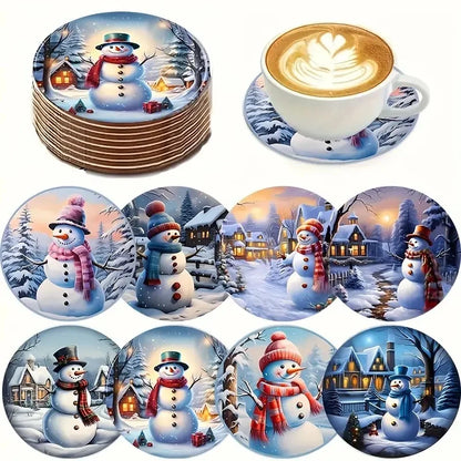 Christmas Wooden Coasters — Set of 8 Anti-Slip Festive Cup Mats for Bar & Home