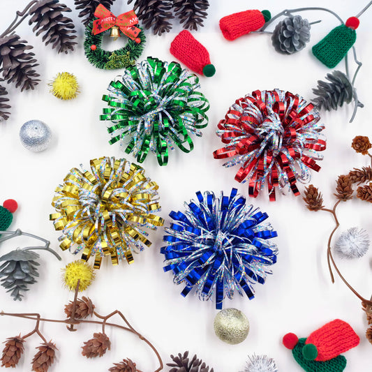 Firework Gift Bows 4-Pack – Mixed Color PET Pom Pom Bows for Christmas, Birthdays & Parties