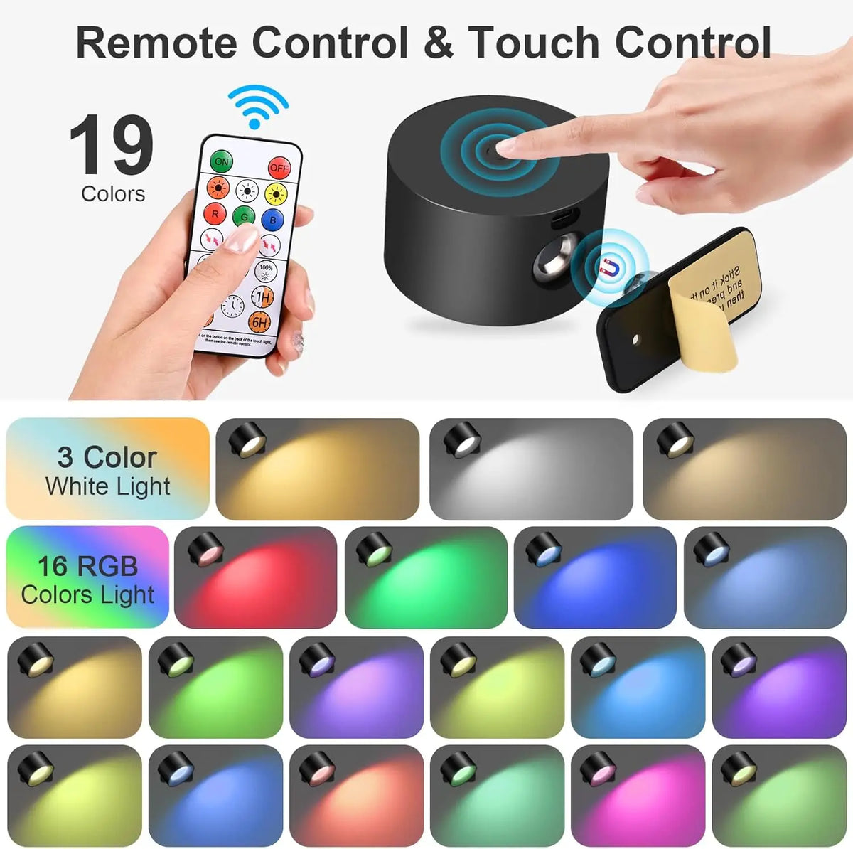 RGB LED Wall Sconce — Battery USB Rechargeable, Touch Control, 360° Rotation, 3-Level Brightness
