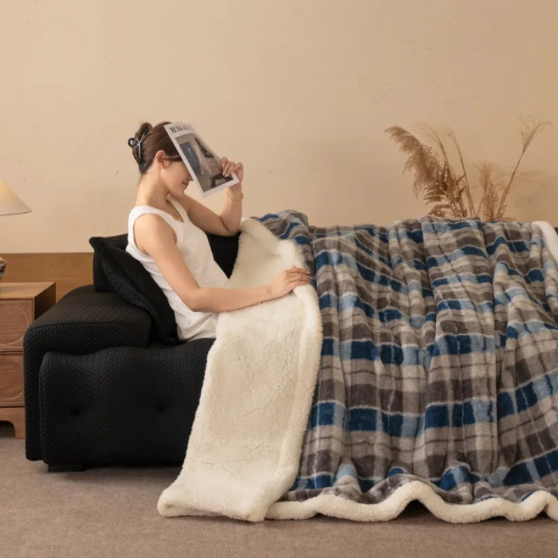 Thickened Double Layer Plaid Plush Blanket Faux Cashmere Autumn Winter Warm Bed Blanket Soft Cozy Sherpa Fleece Throw for Sofa