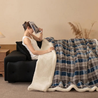 Thickened Double Layer Plaid Plush Blanket Faux Cashmere Autumn Winter Warm Bed Blanket Soft Cozy Sherpa Fleece Throw for Sofa