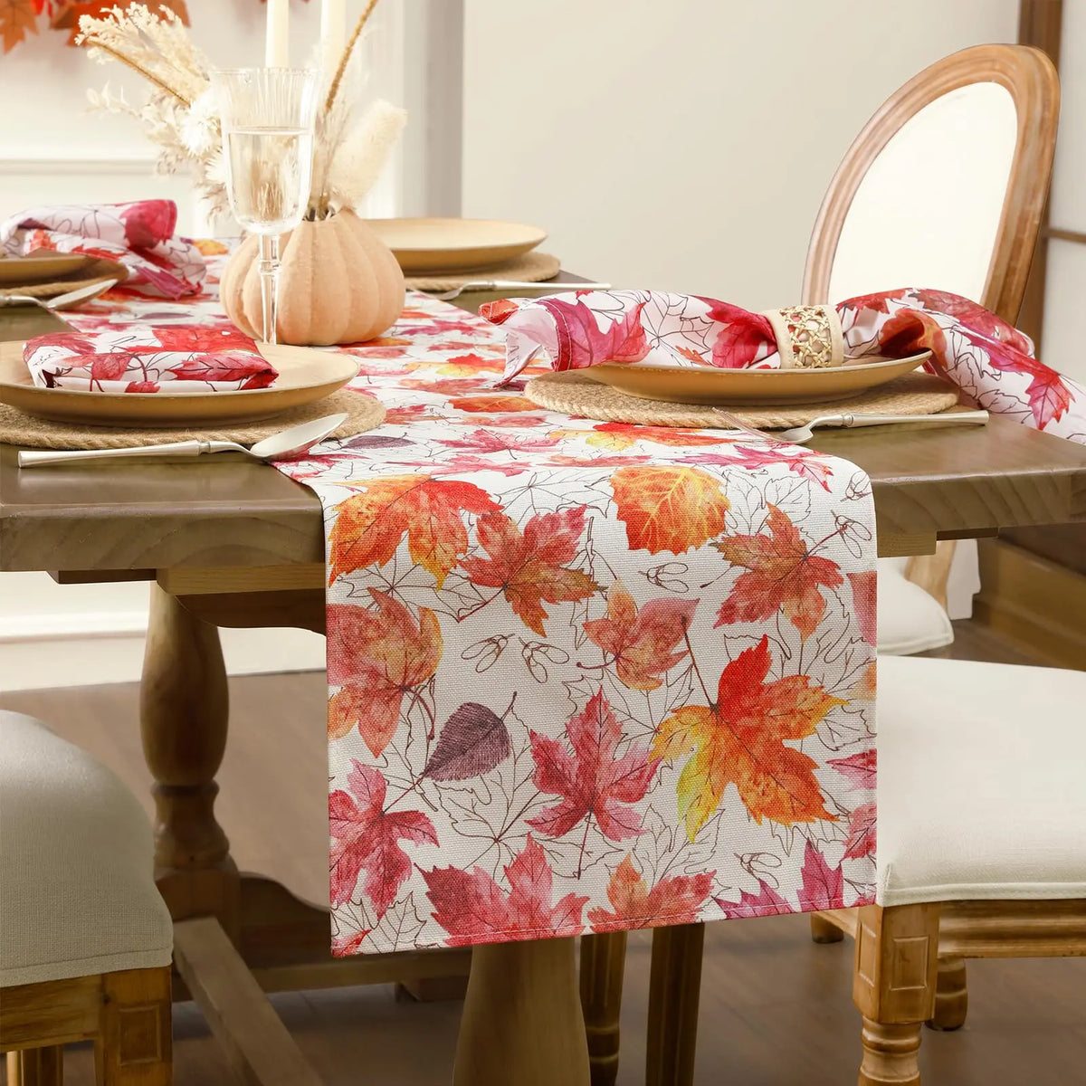 Fall Table Runner Printed Thanksgiving Maple Leaf Linen Runners, Seasonal Autumn Holiday Table Decor for Kitchen, Dining, Party
