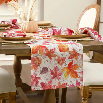 Fall Table Runner Printed Thanksgiving Maple Leaf Linen Runners, Seasonal Autumn Holiday Table Decor for Kitchen, Dining, Party