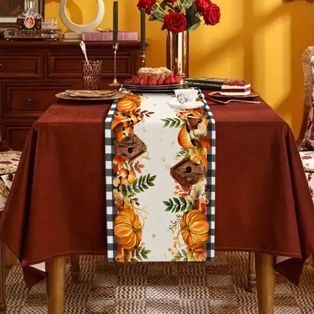 Fall Thanksgiving Table Runner Pumpkin Maple Leaf Black Buffalo Plaid Table Decor Autumn Harvest Holiday Kitchen Dining Table Ru