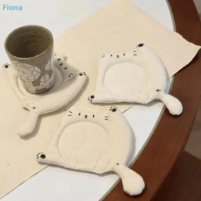 Cute Cat-Shaped Fabric Coasters — Soft Padded Linen Cup Mats for Home & Desk
