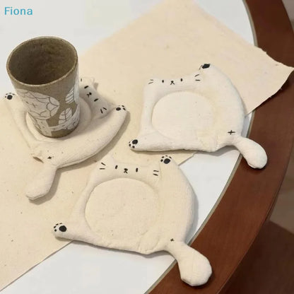 Cute Cat-Shaped Fabric Coasters — Soft Padded Linen Cup Mats for Home & Desk