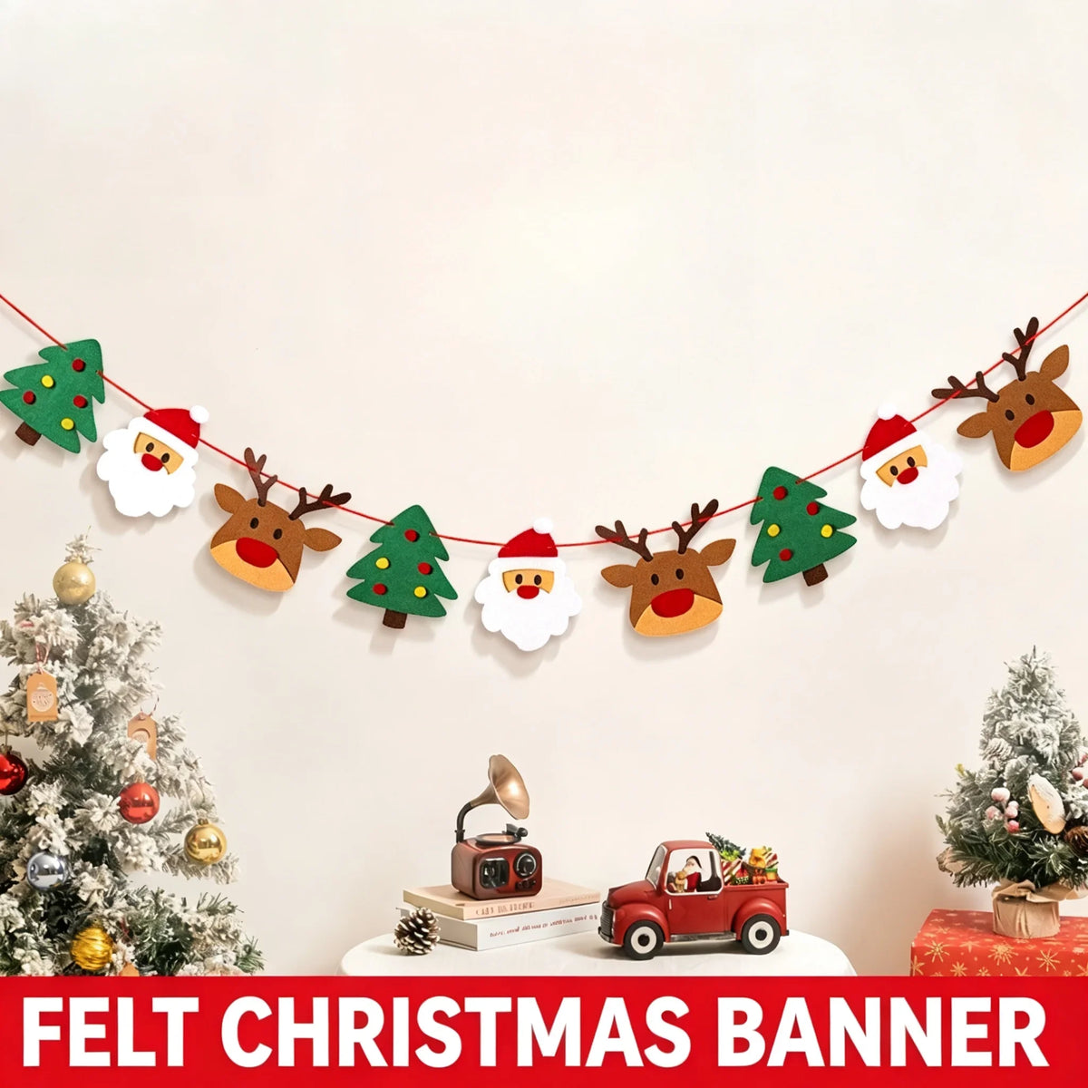 Christmas Felt Banner Bunting – Reindeer, Santa & Xmas Tree Hanging Garland