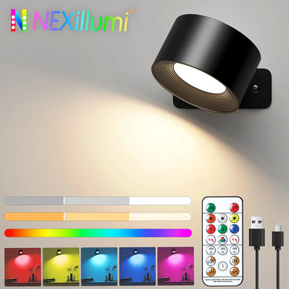 RGB LED Wall Sconce — Battery USB Rechargeable, Touch Control, 360° Rotation, 3-Level Brightness