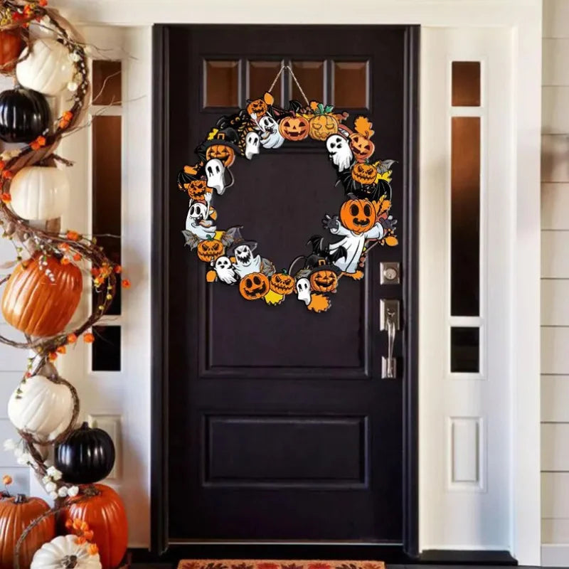Halloween Pumpkin & Ghost Wooden Wall Sign — Hanging Plaque for Wreaths, Doors & Home Decor
