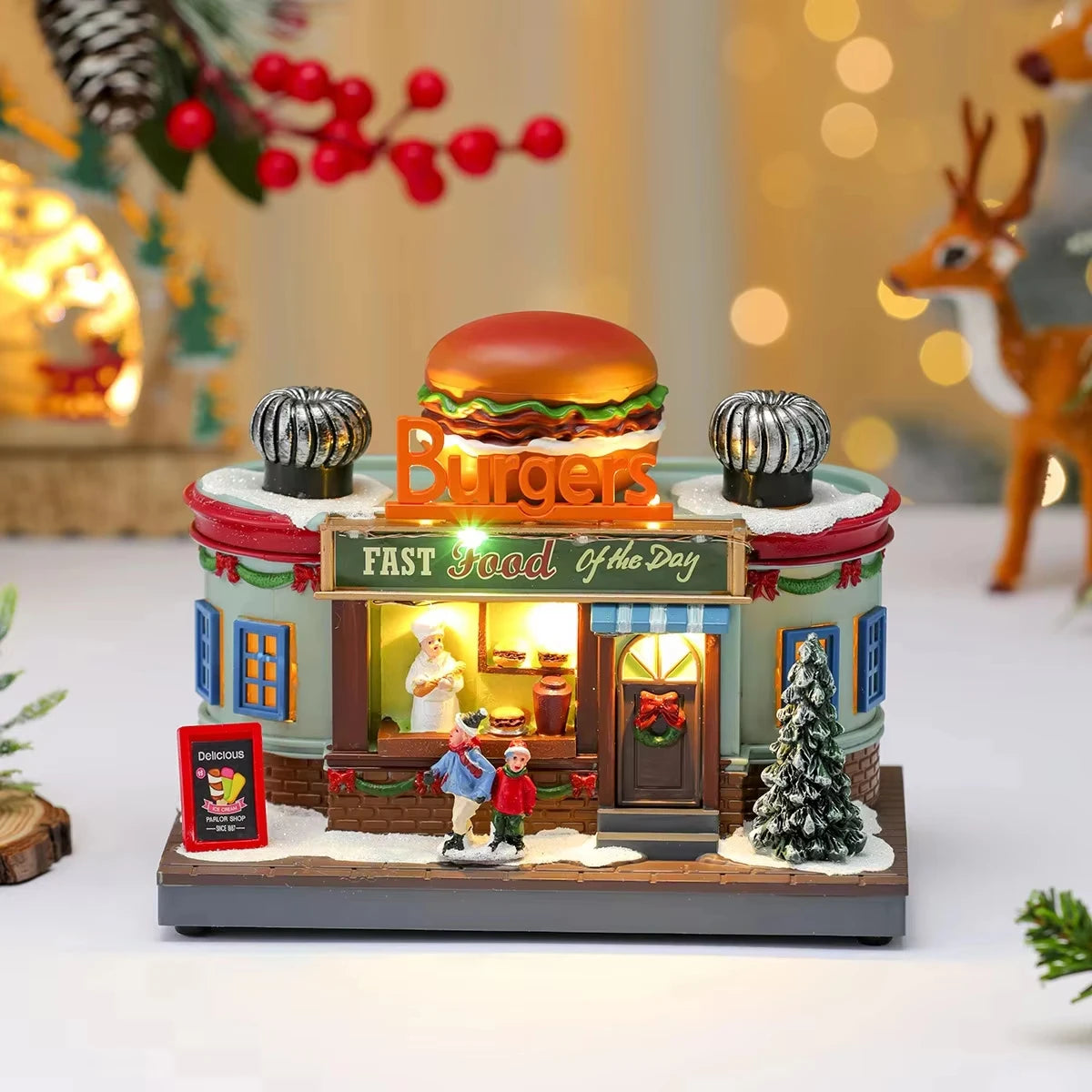 Christmas Lighted Music Box – Resin Santa Ornament for Home, Café & Holiday Gifting