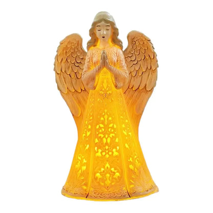 Christmas Praying Angel Statue with Warm LED Light – Hollow Resin Holiday Décor