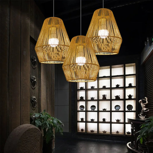Hand-Woven Rattan Pendant Lamp Shade — Boho Retro Style