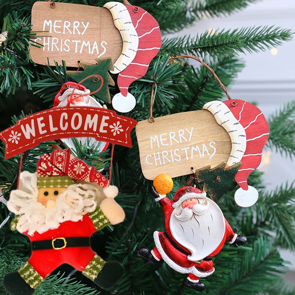 Christmas Wooden Door Hanging Sign — Santa, Snowman & Tree Drop Ornaments