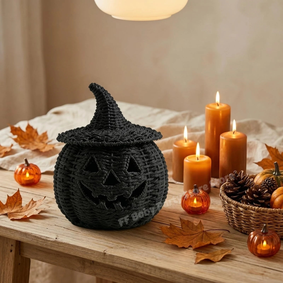 Hand-Woven Wicker Pumpkin Lantern with Witch Hat — Halloween Candle Holder & Fall Decor