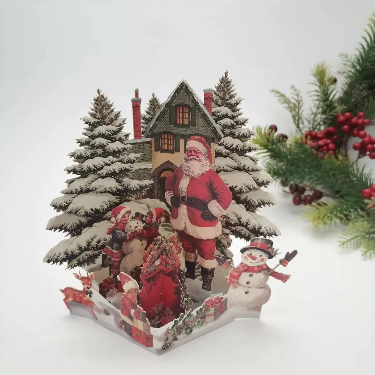 3D Pop-Up Christmas Greeting Card — Santa & Reindeer with Envelope