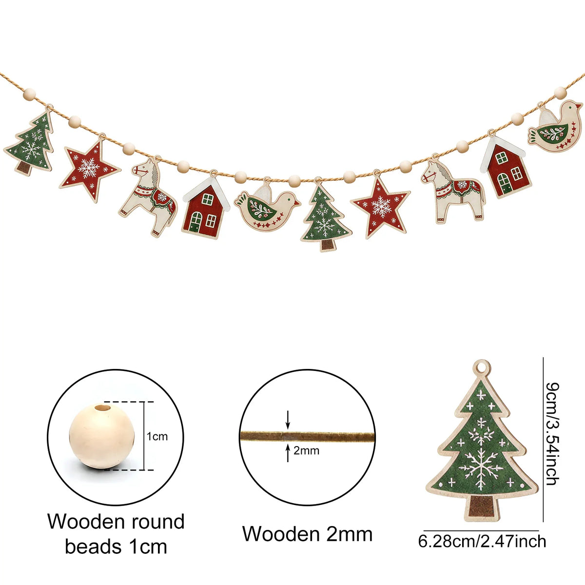 Scandinavian Christmas Wooden Garland with Wood Beads & Hemp Rope