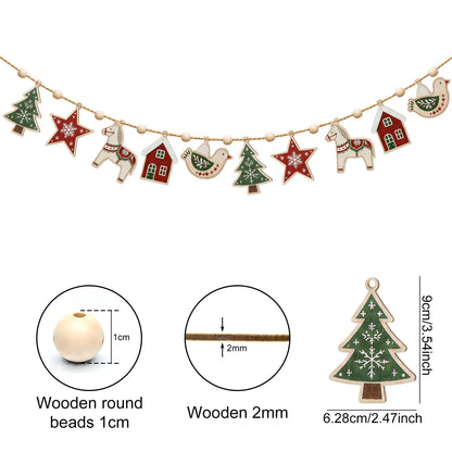 Scandinavian Christmas Wooden Garland with Wood Beads & Hemp Rope