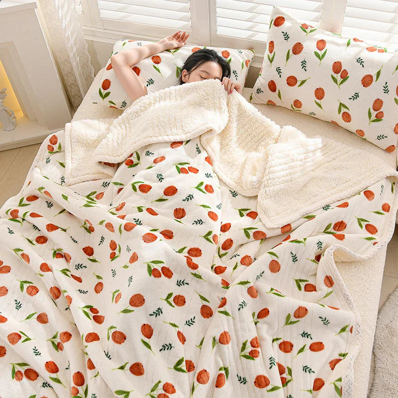 Floral Sherpa Fleece Blanket Thick Warm Double Layer Plush Autumn Winter Blankets for Bed Tulip Printed Soft Sofa Throw Blanket