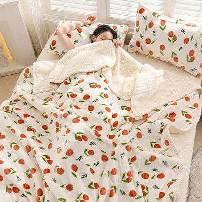 Floral Sherpa Fleece Blanket Thick Warm Double Layer Plush Autumn Winter Blankets for Bed Tulip Printed Soft Sofa Throw Blanket