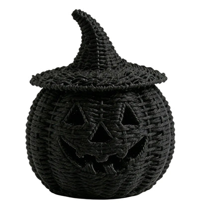 Hand-Woven Wicker Pumpkin Lantern with Witch Hat — Halloween Candle Holder & Fall Decor